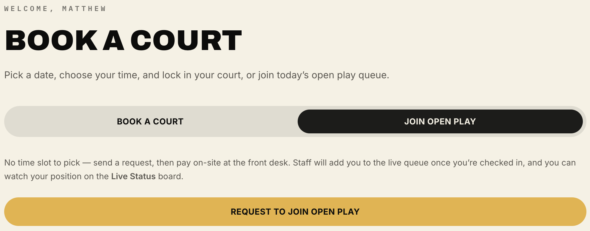 The Book a Court page with the Join Open Play tab selected and the Request to Join Open Play button