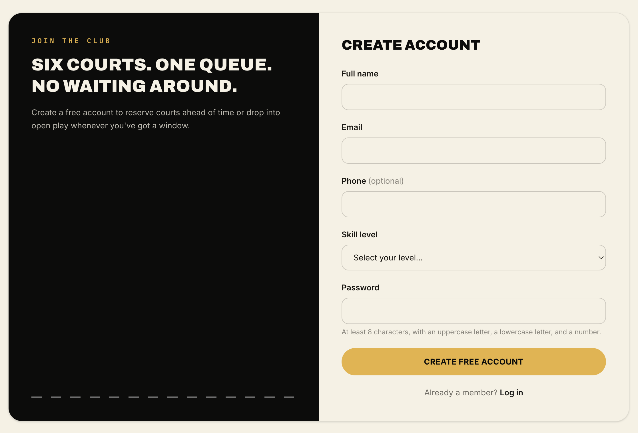 The Create Account sign up form, asking for full name, email, phone, skill level, and password